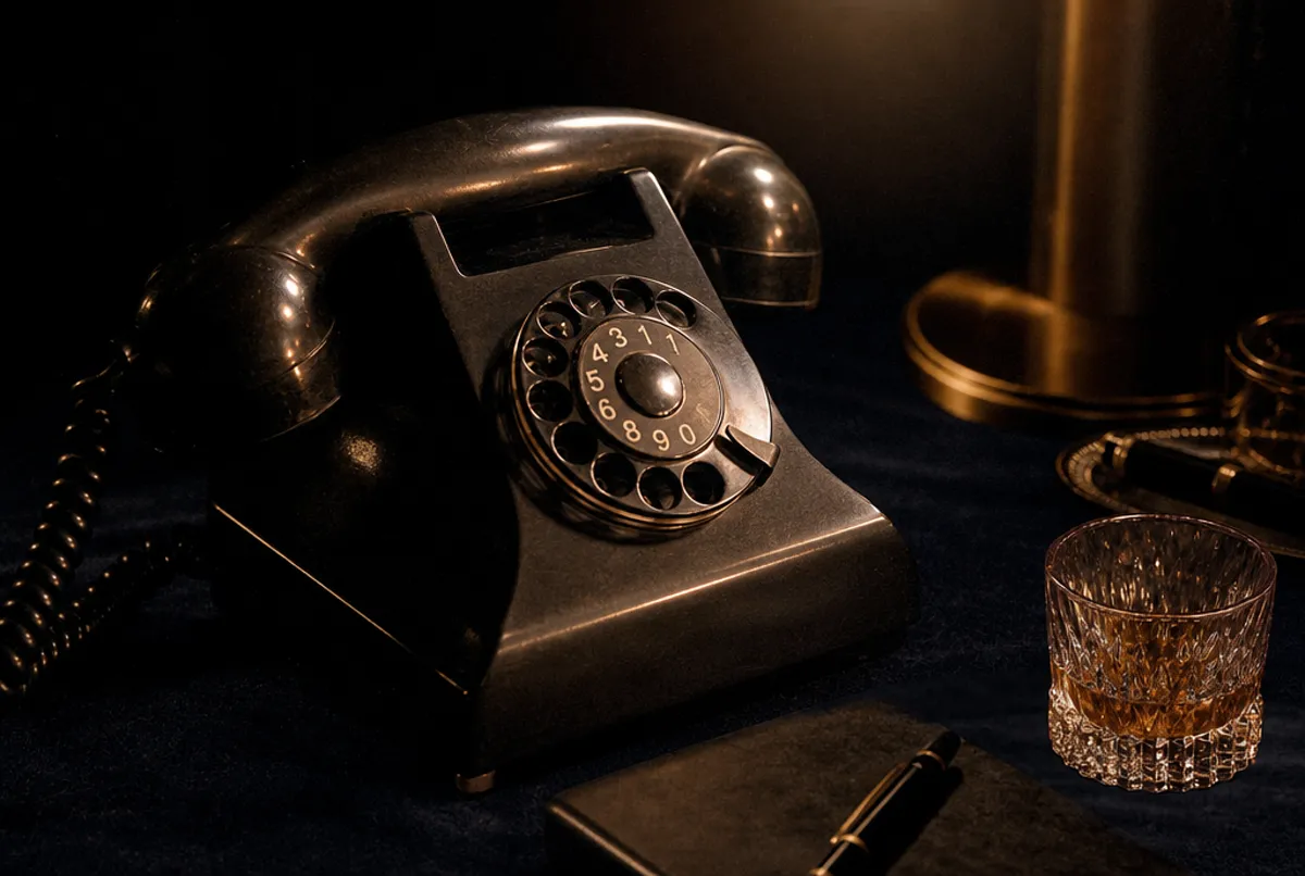 Telefon auf navyblauer Fl&auml;che im Kupferlicht, diskret